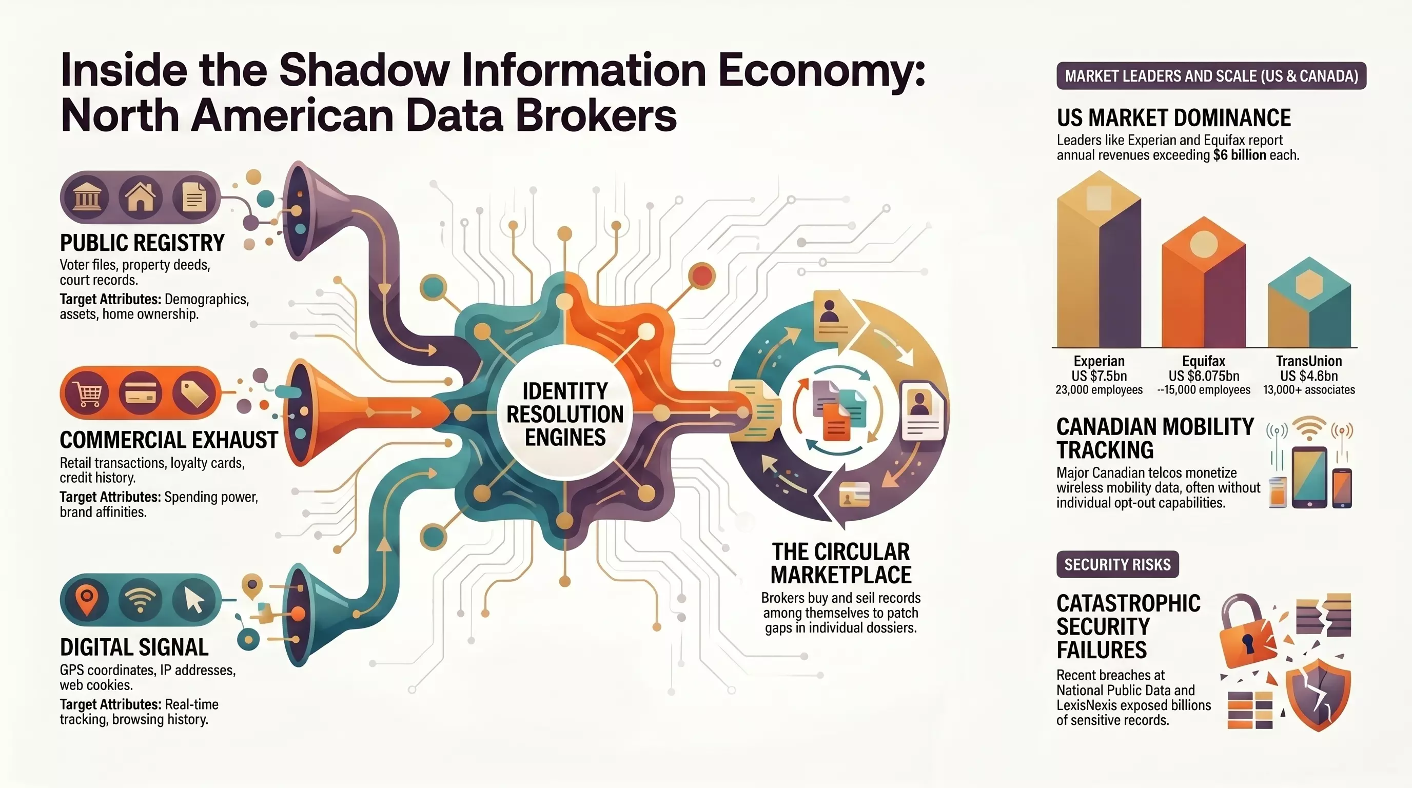 Infographic — The North American Data Broker Economy. Visual overview of the major U.S. and Canadian data brokers (Acxiom, Experian, Equifax, TransUnion, LexisNexis, Verisk, Dun & Bradstreet, Telus, Pelmorex, intelligentVIEW, Environics), the four sourcing channels (public registries, commercial exhaust, digital signals, utility account logs), and the identity-resolution graph that stitches them together into per-person dossiers.