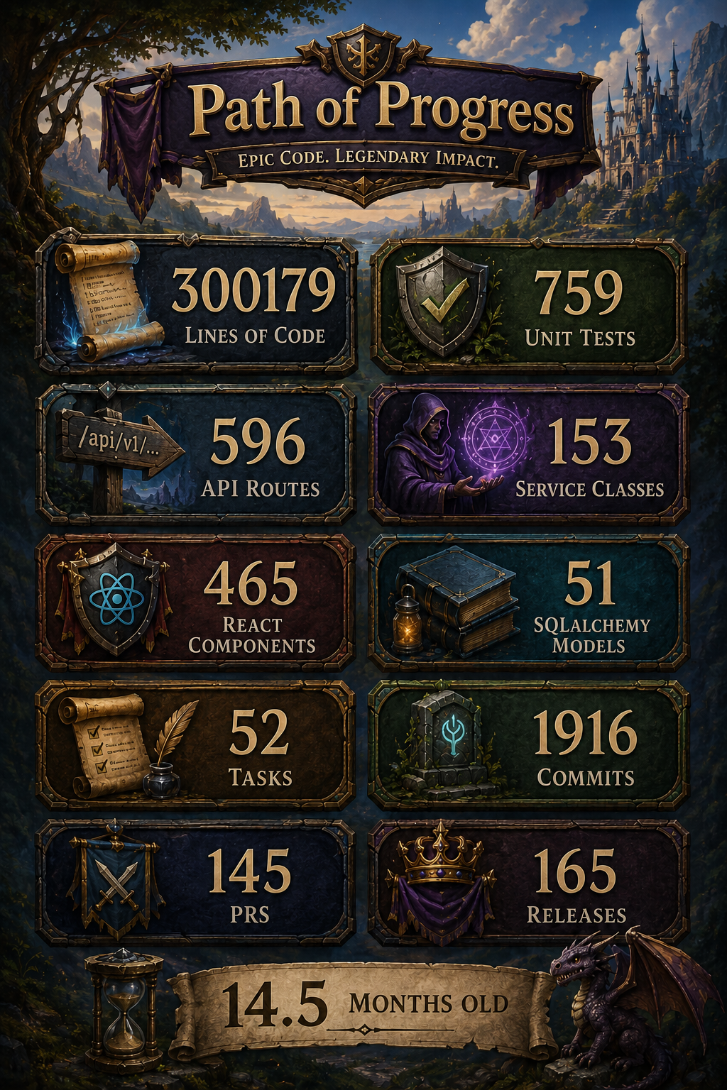 Infographic — Path of Progress early access launch metrics, summarizing the platform's quest-based task system, dual-currency rewards model, math learning quests, and the enterprise-grade architecture milestones reached at launch.