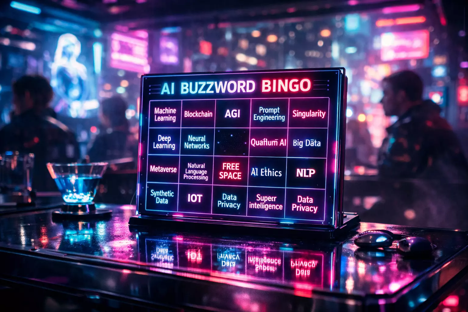 AI Buzzword Bingo 2026 - Cyberpunk themed bingo game